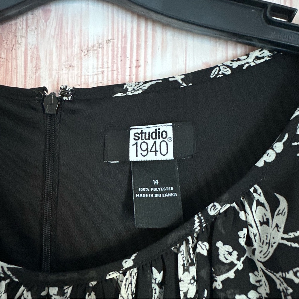 Studio 1940 Black Ruched Tie Waist White Floral Print Maxi Dress Size 14 - Picture 6 of 10